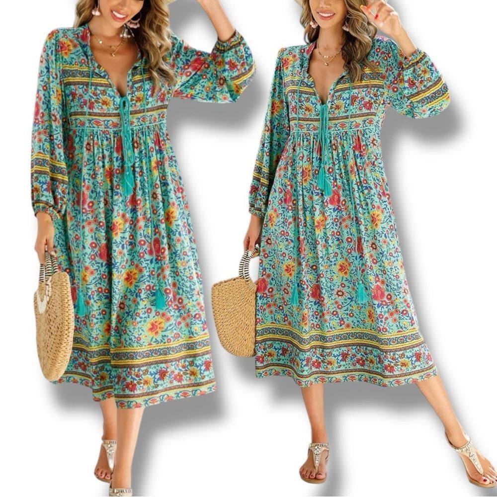 R.Vivimos Women's Long Sleeve Floral Print V Neck Tassel Bohemian Midi Dress L